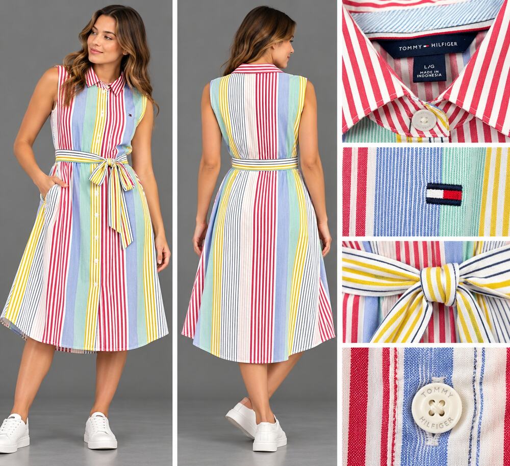 Tommy Hilfiger Womens L Striped Sleeveless Shirt Dress Belted Midi Colorful